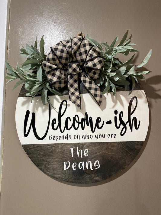 welcome-ish wooden door hanger decor