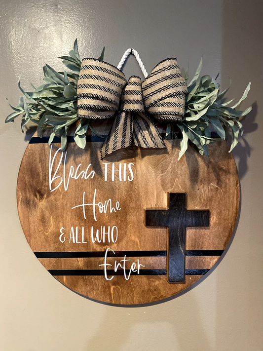 Bless This Home and All Who Enter handmade wooden door hanger with cross cutout and bow