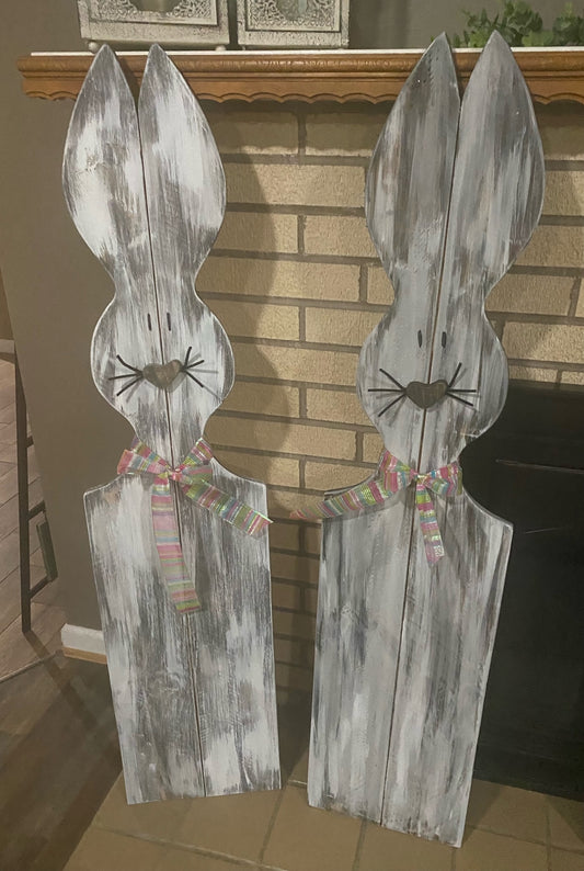 rustic long eared easter bunny wooden cutouts with scarves and heart noses