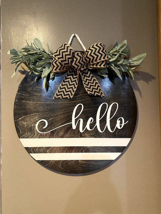 Hello round wooden door hanger with bow