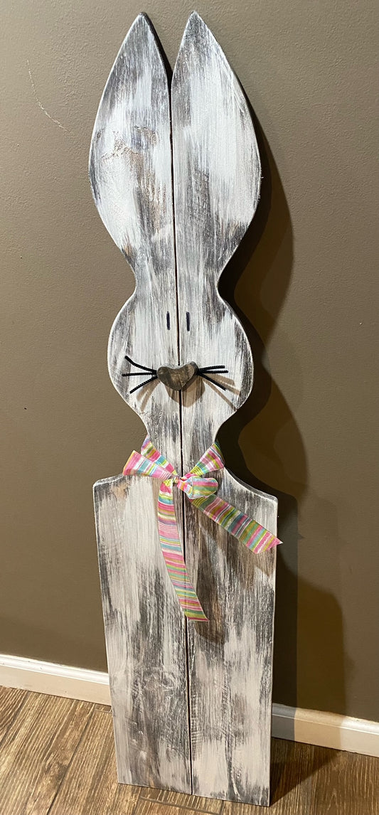 rustic long eared easter bunny wooden cutouts with scarves and heart noses